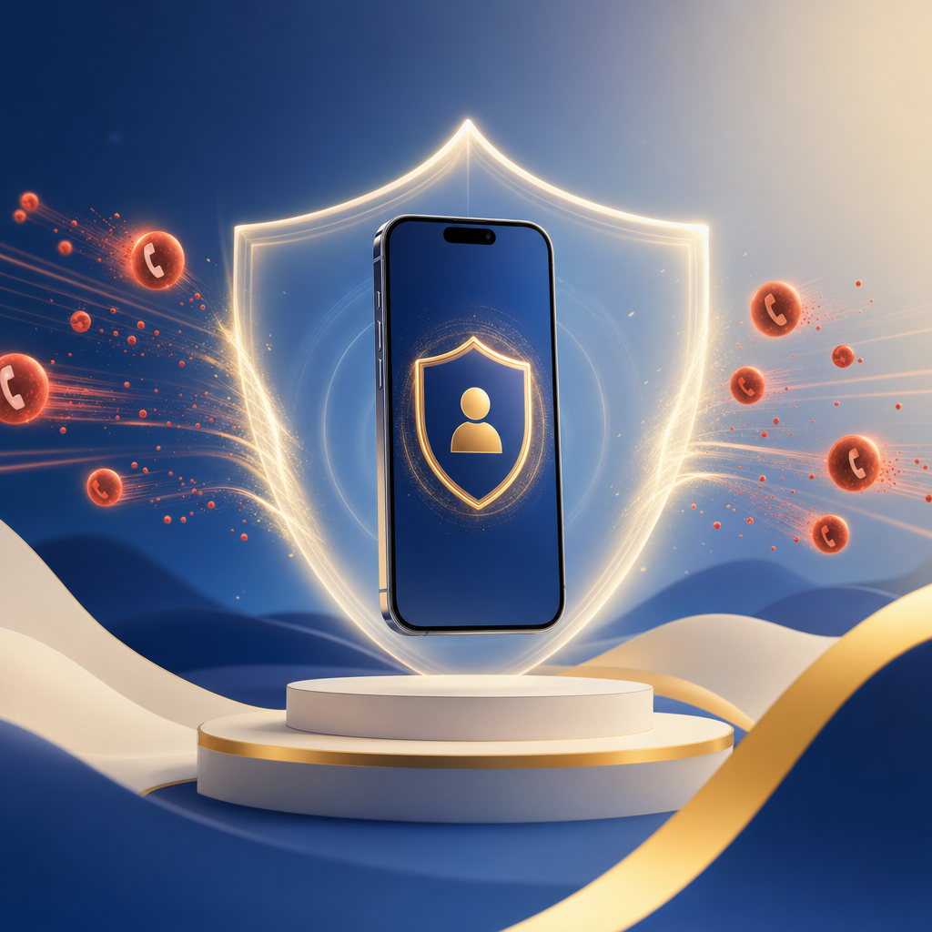 A smartphone elevated and protected by a glowing aura, deflecting incoming red-orange spam-call particles — illustration of layered defense against spam calls