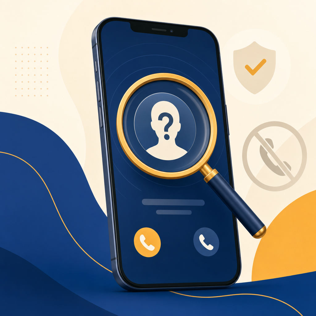 A smartphone showing an unknown caller display with a magnifying-glass overlay revealing a profile silhouette — illustration of looking up who's behind a phone number