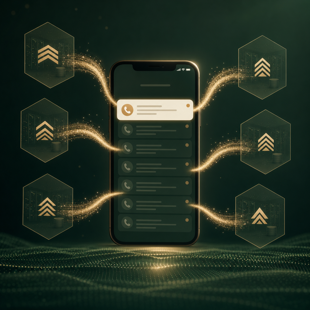 A smartphone notification drawer being filled with translucent data-particle streams flowing in from surrounding data-broker shapes — illustration of how online signups lead to phone exposure